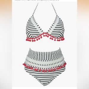 High-Waist striped Bikini Set with Red Pom Pom Trim